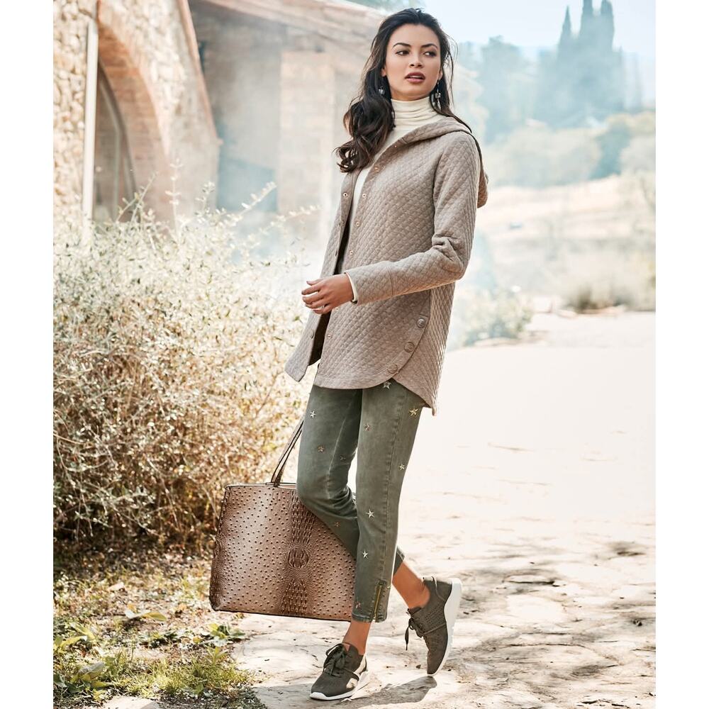 Soft Surroundings Favorite Lounge Cardi Jacket Quilted Tan Snap Button Down, XS